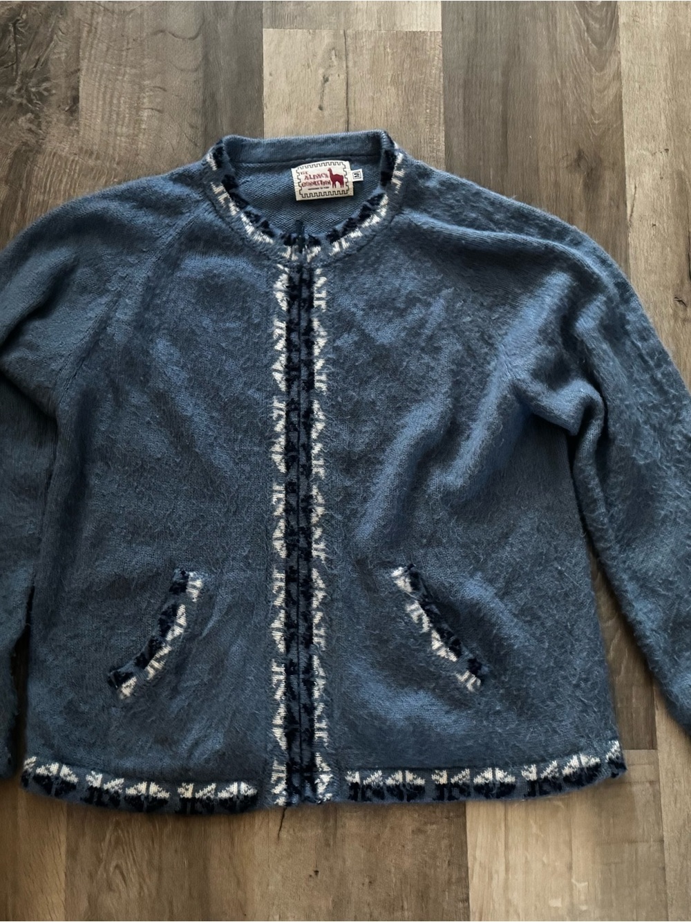 Vintage Alpaca Blue Textured Teddy Jacket with Patterned Trim